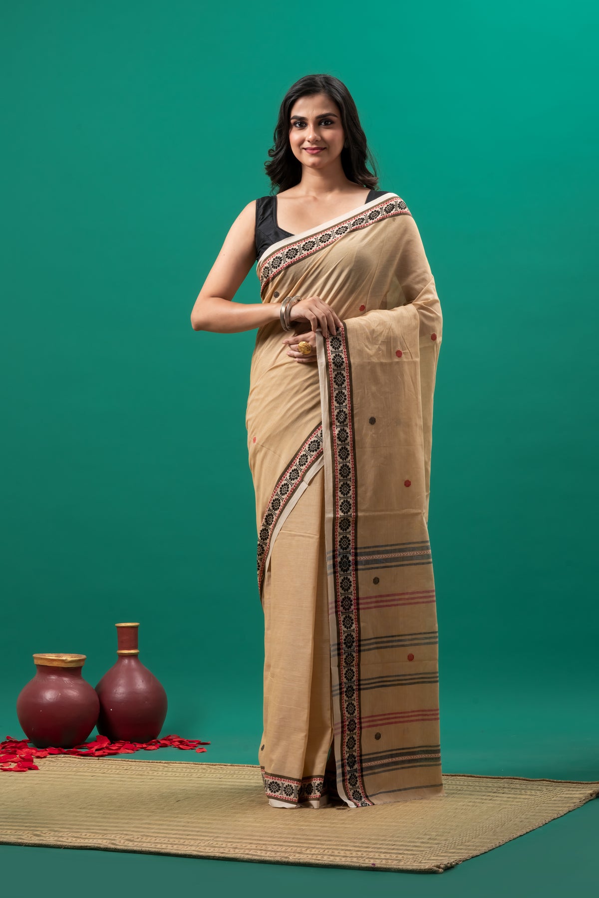 Beige ( Kora) Pure Cotton Handwoven Dhonekhali Saree