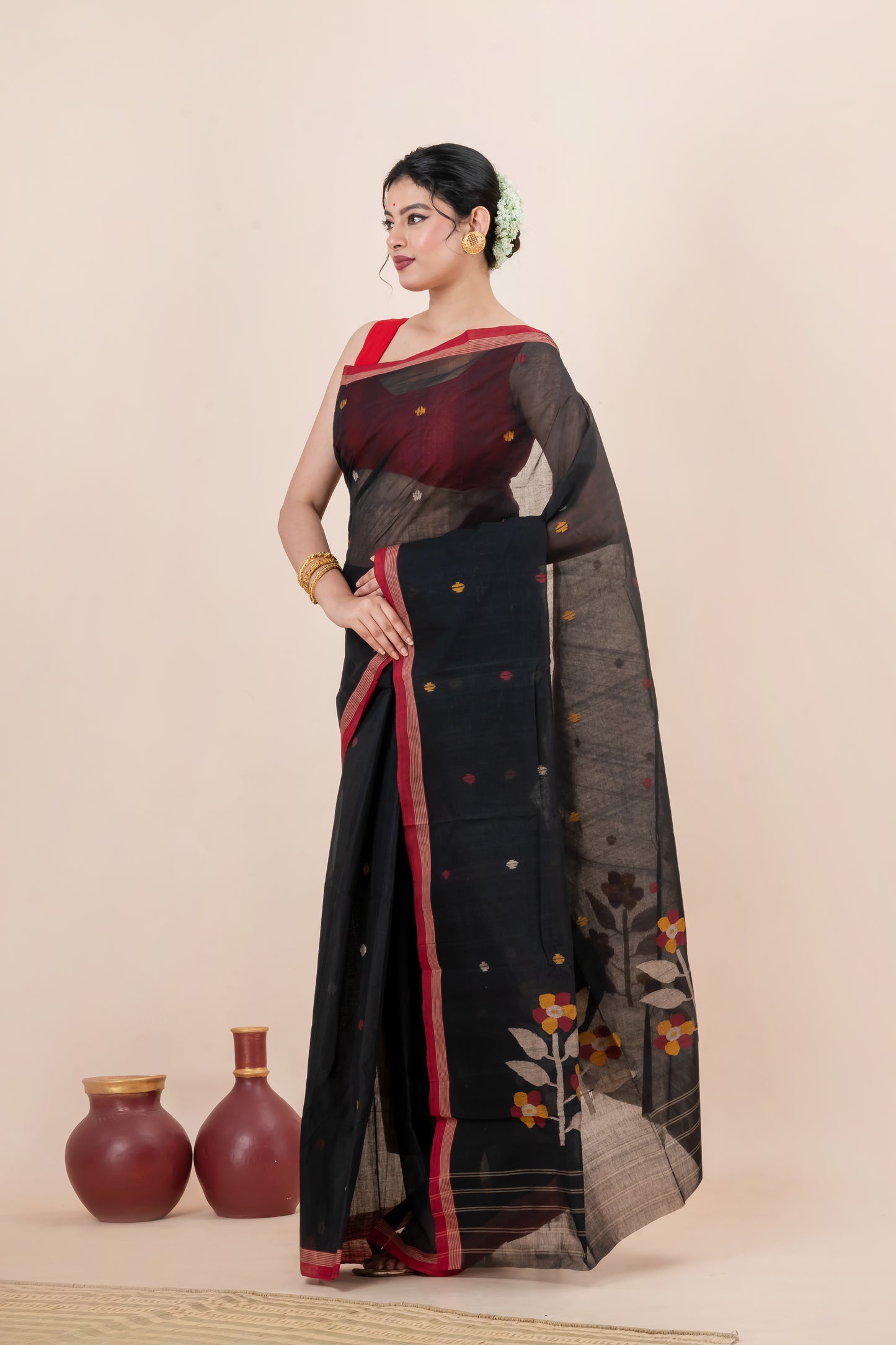 Black Pure Cotton Jamdani Saree