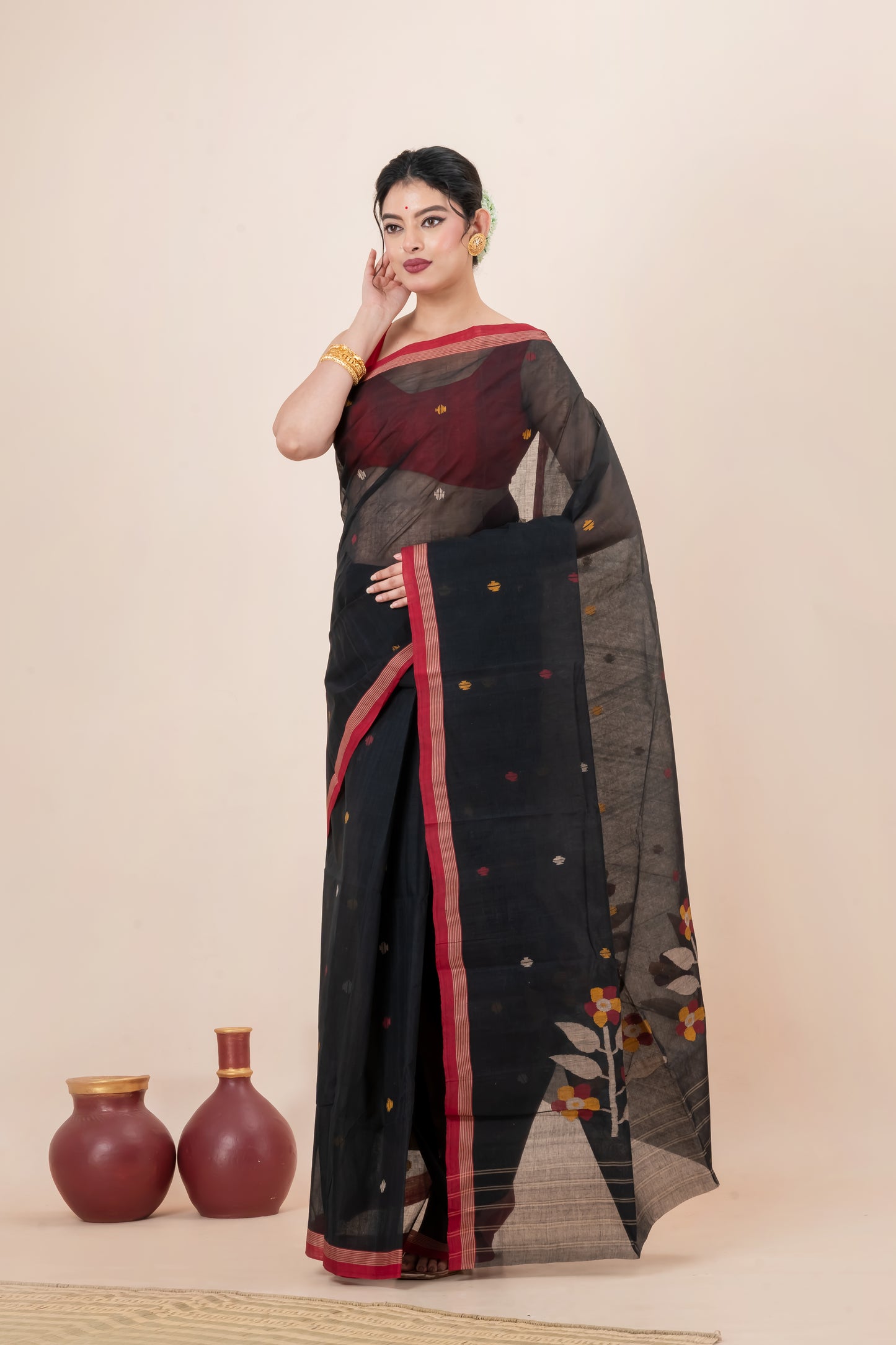 Black Pure Cotton Jamdani Saree
