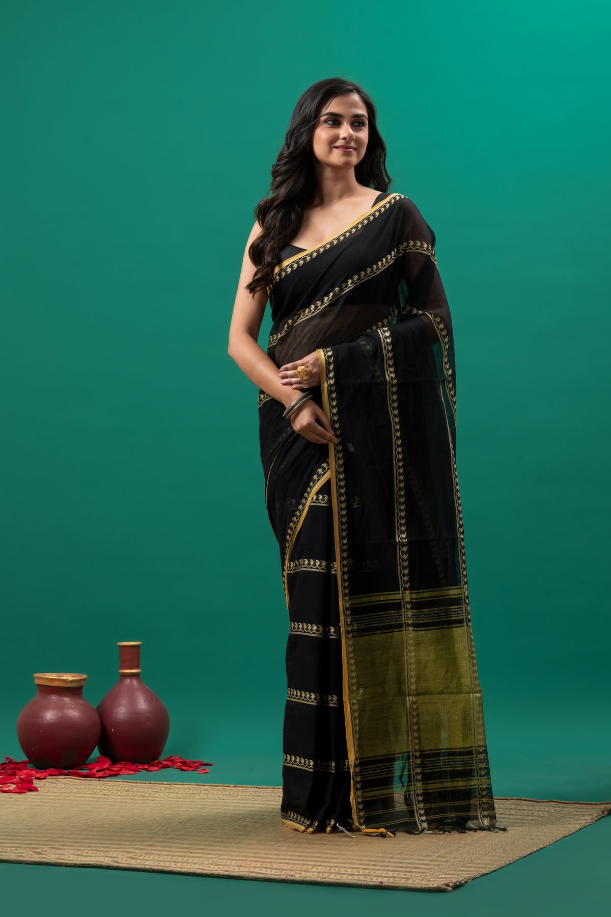Black Pure Cotton handwoven Dhonekhali Saree