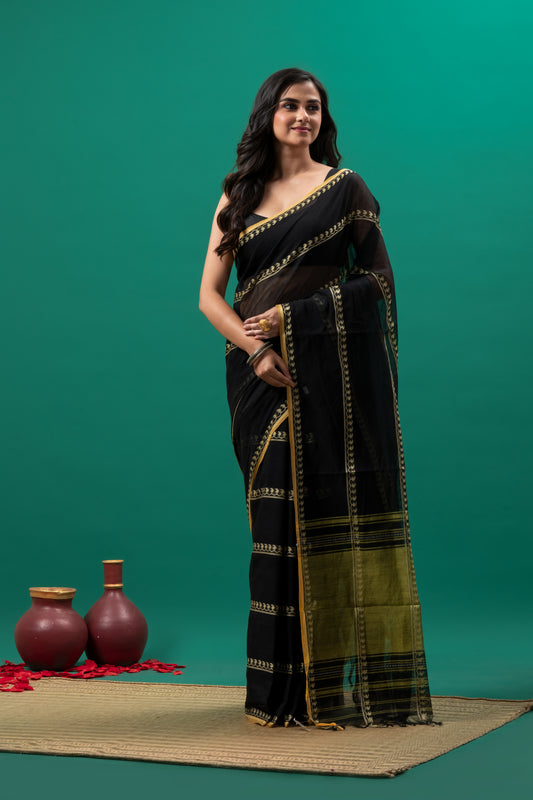 Black Pure Cotton handwoven Dhonekhali Saree