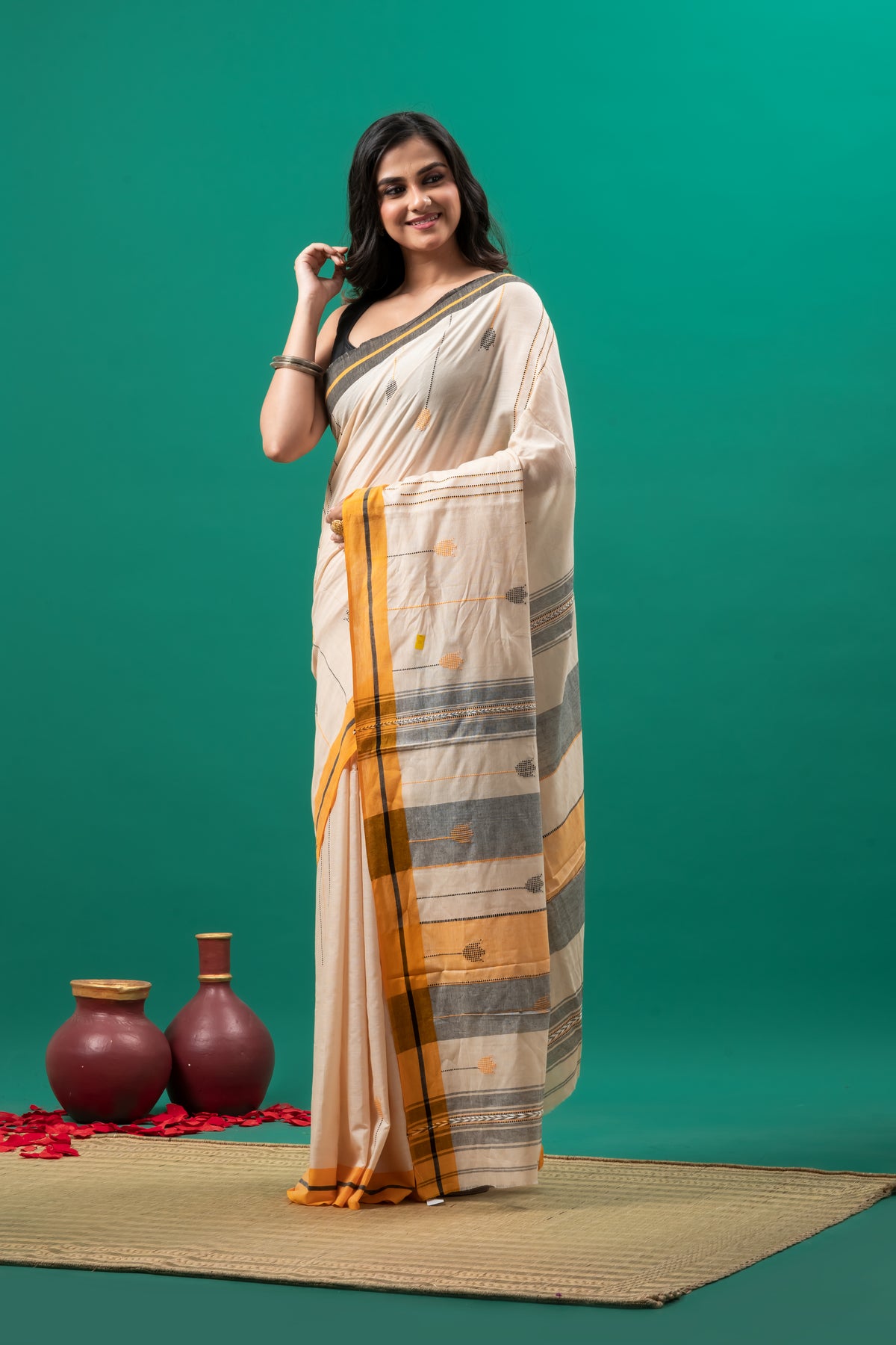 Light peach  Pure Cotton Dhonekhali Saree