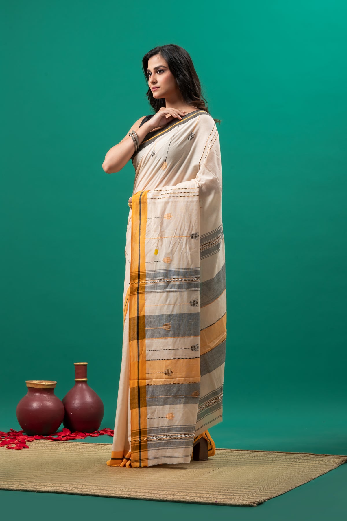 Light peach  Pure Cotton Dhonekhali Saree