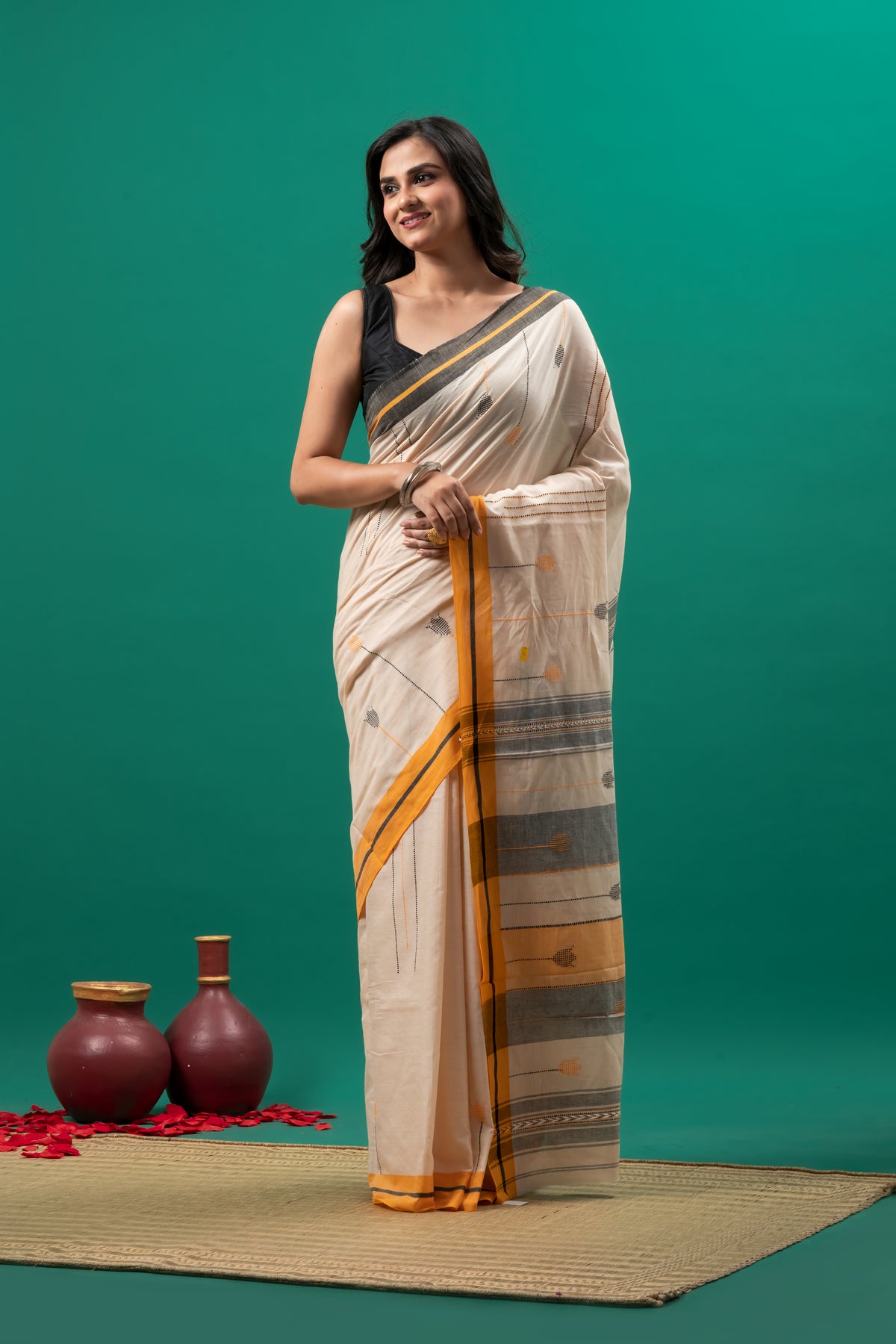 Light peach  Pure Cotton Dhonekhali Saree