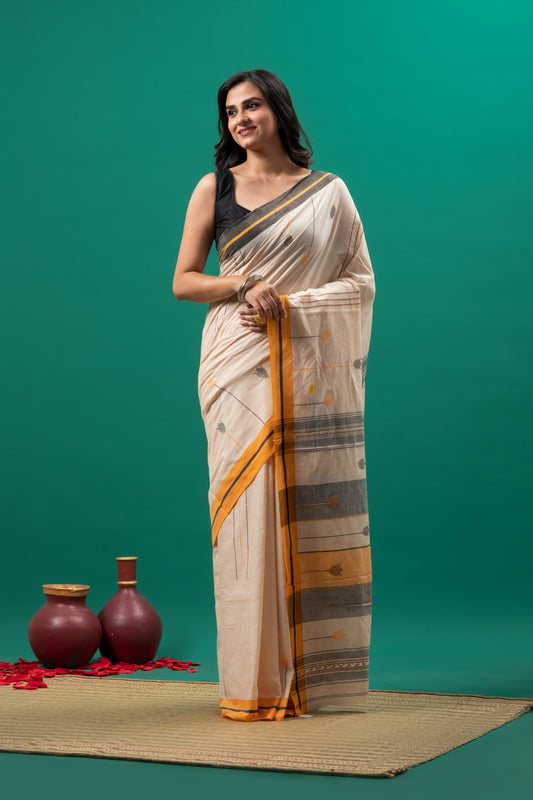 Light peach  Pure Cotton Dhonekhali Saree