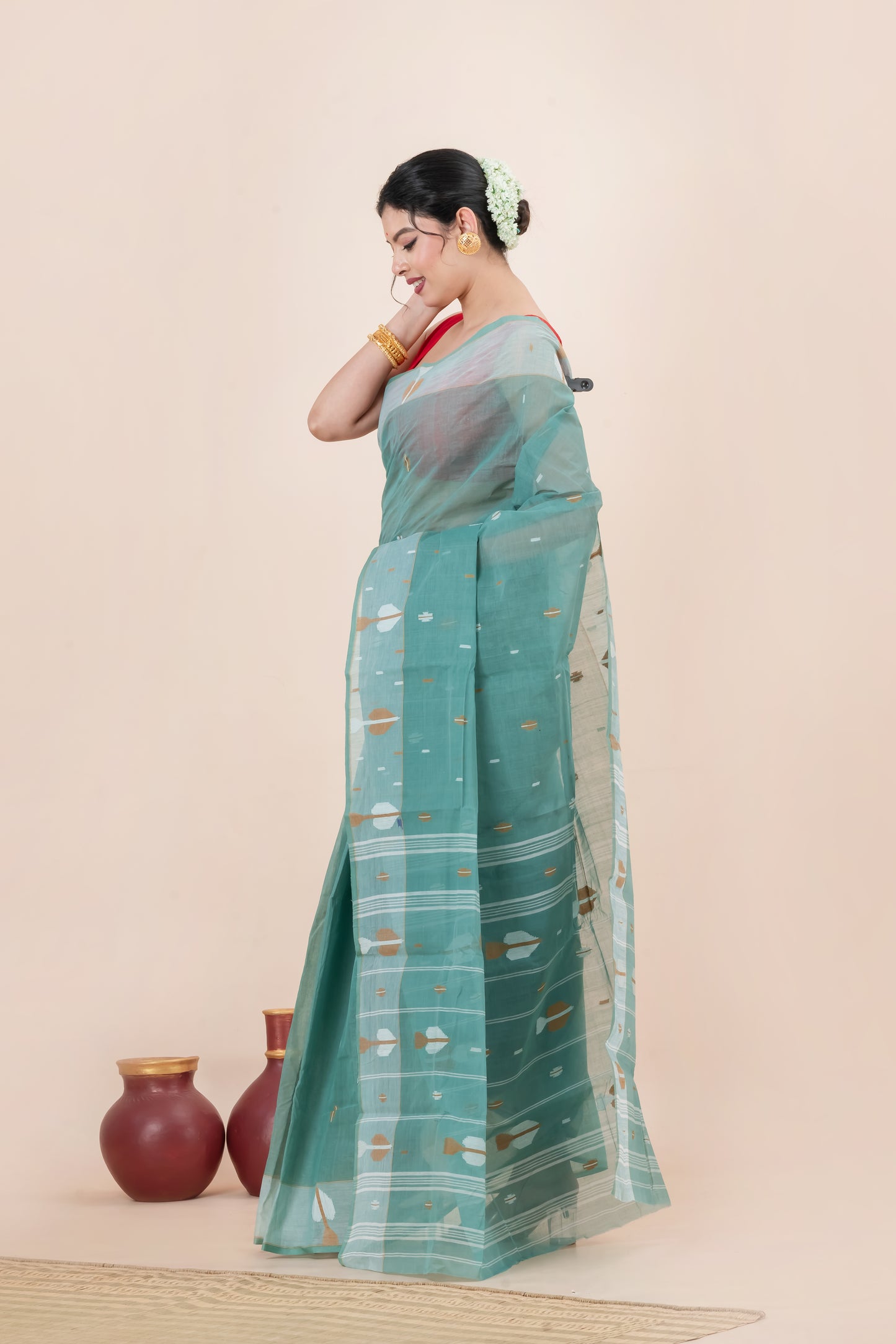 Teal-Green  Pure Cotton Jamdani Saree