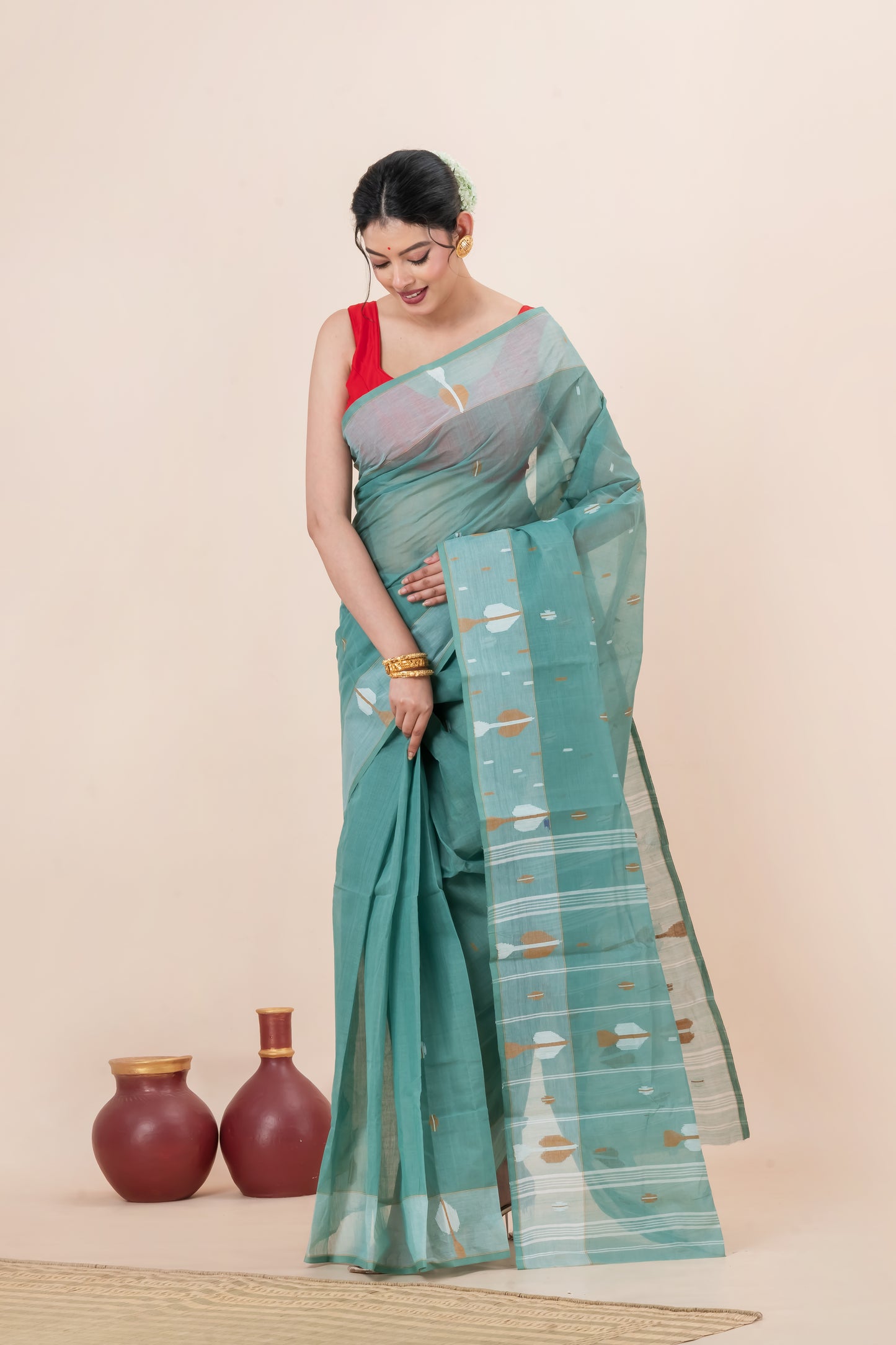 Teal-Green  Pure Cotton Jamdani Saree