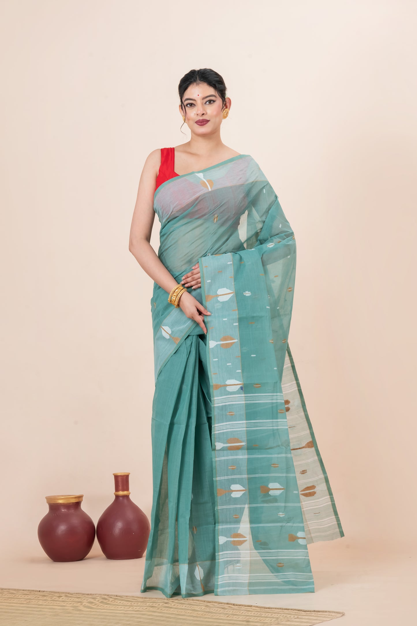 Teal-Green  Pure Cotton Jamdani Saree