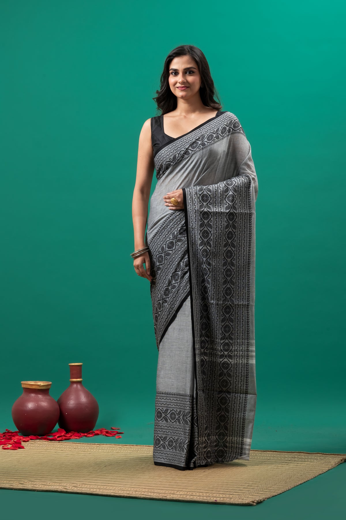 Grey Pure Cotton Dhonekhali Saree