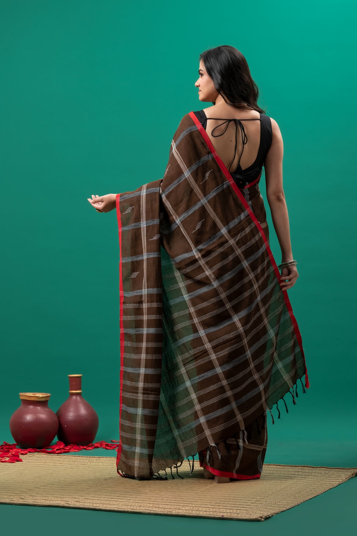 Dark Brown Organic Cotton Jamdani Saree