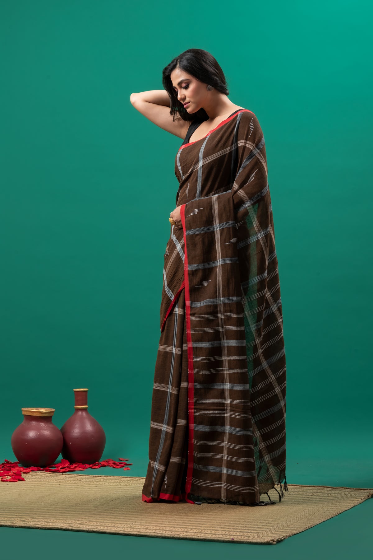 Dark Brown Organic Cotton Jamdani Saree