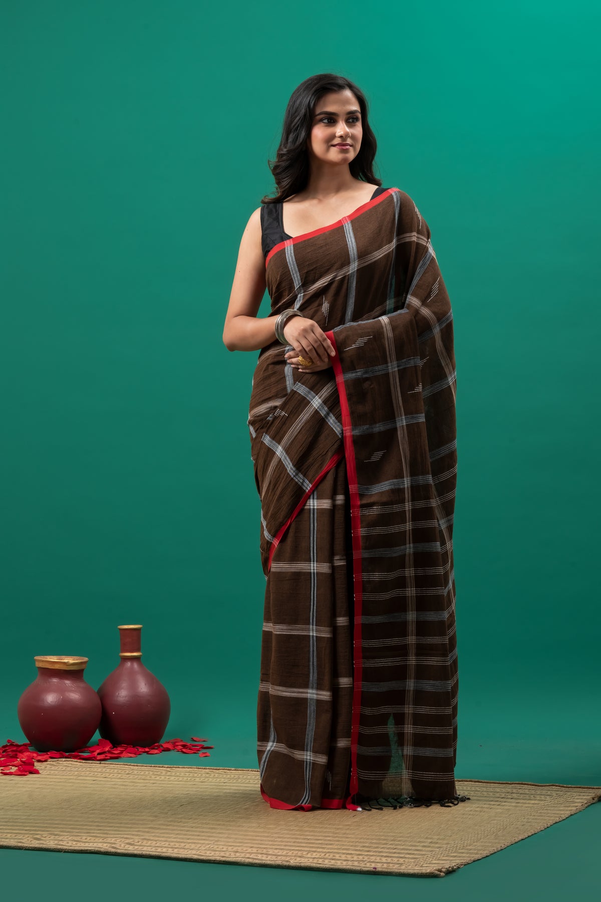 Dark Brown Organic Cotton Jamdani Saree