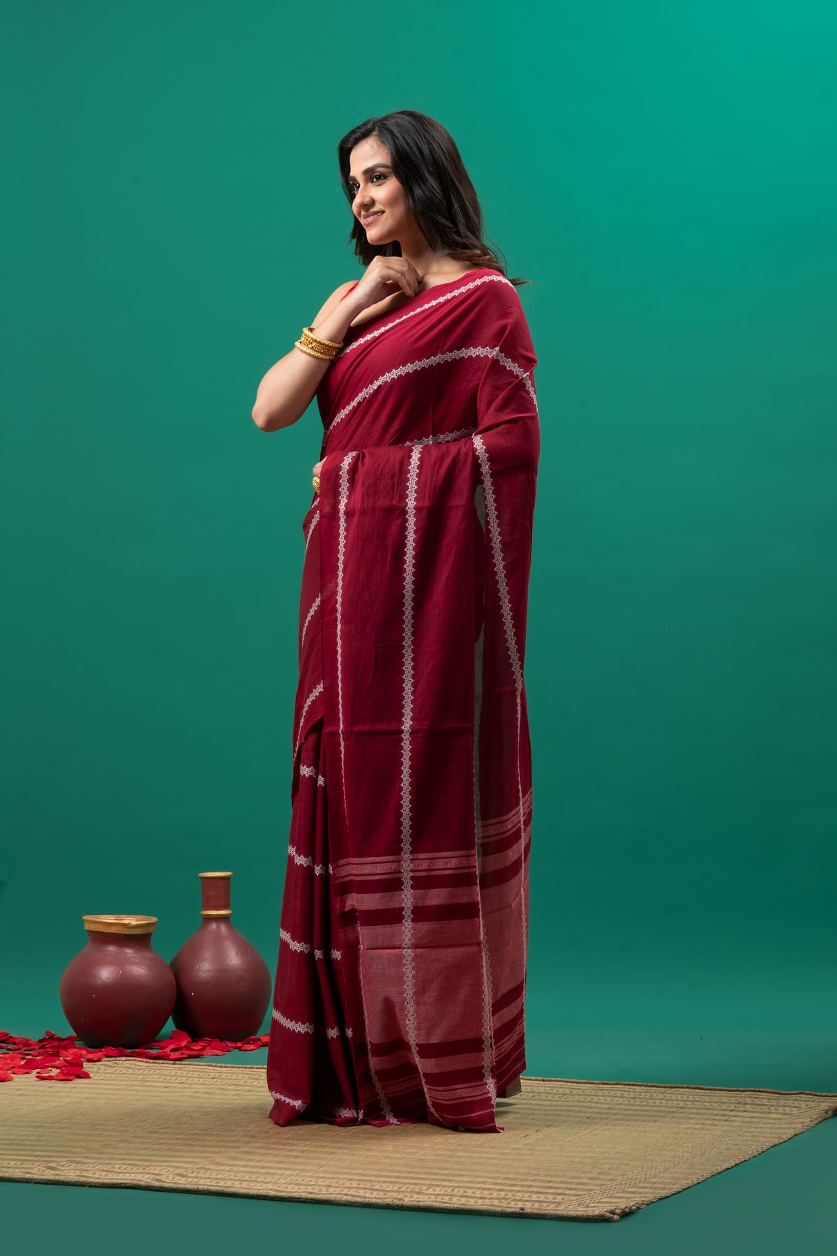 Maroon Pure Cotton Dhonekhali Saree