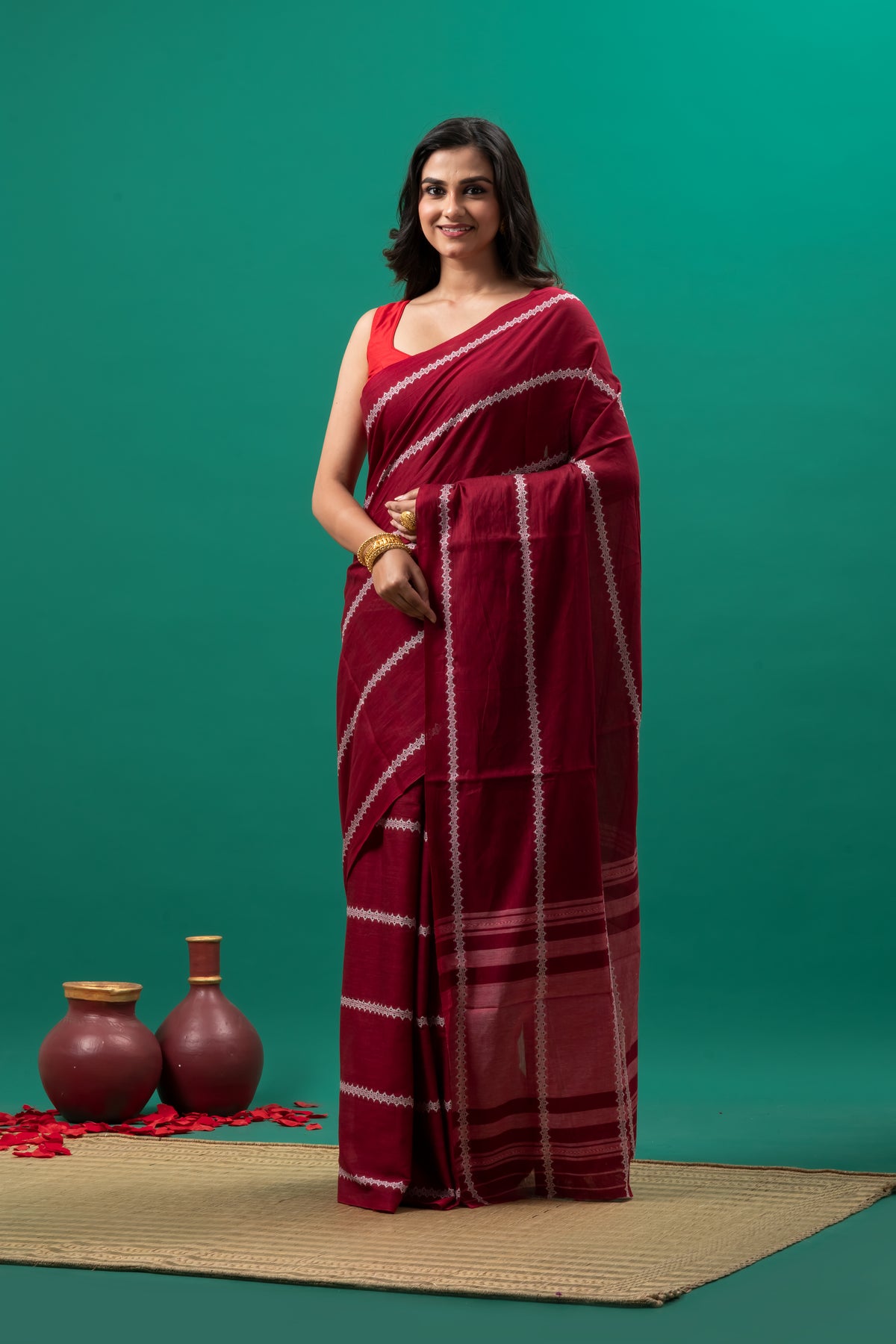 Maroon Pure Cotton Dhonekhali Saree