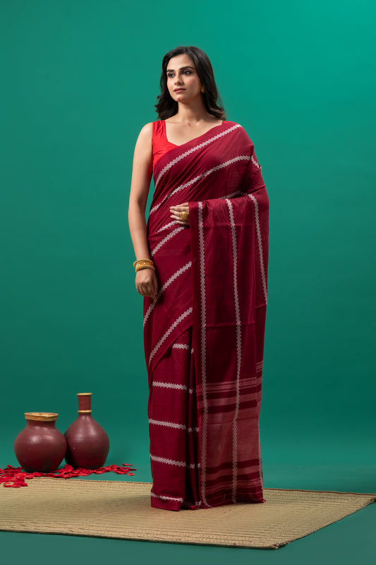 Maroon Pure Cotton Dhonekhali Saree