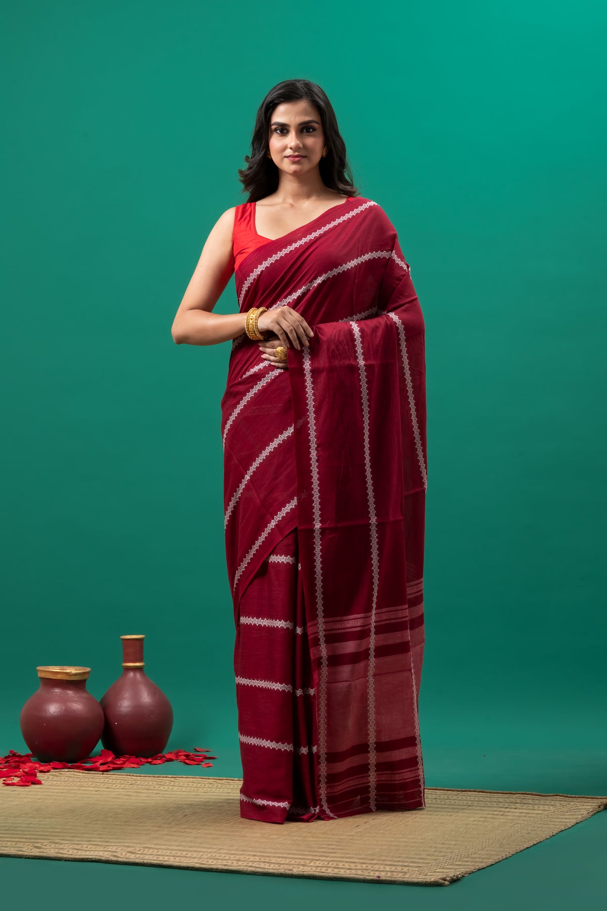 Maroon Pure Cotton Dhonekhali Saree