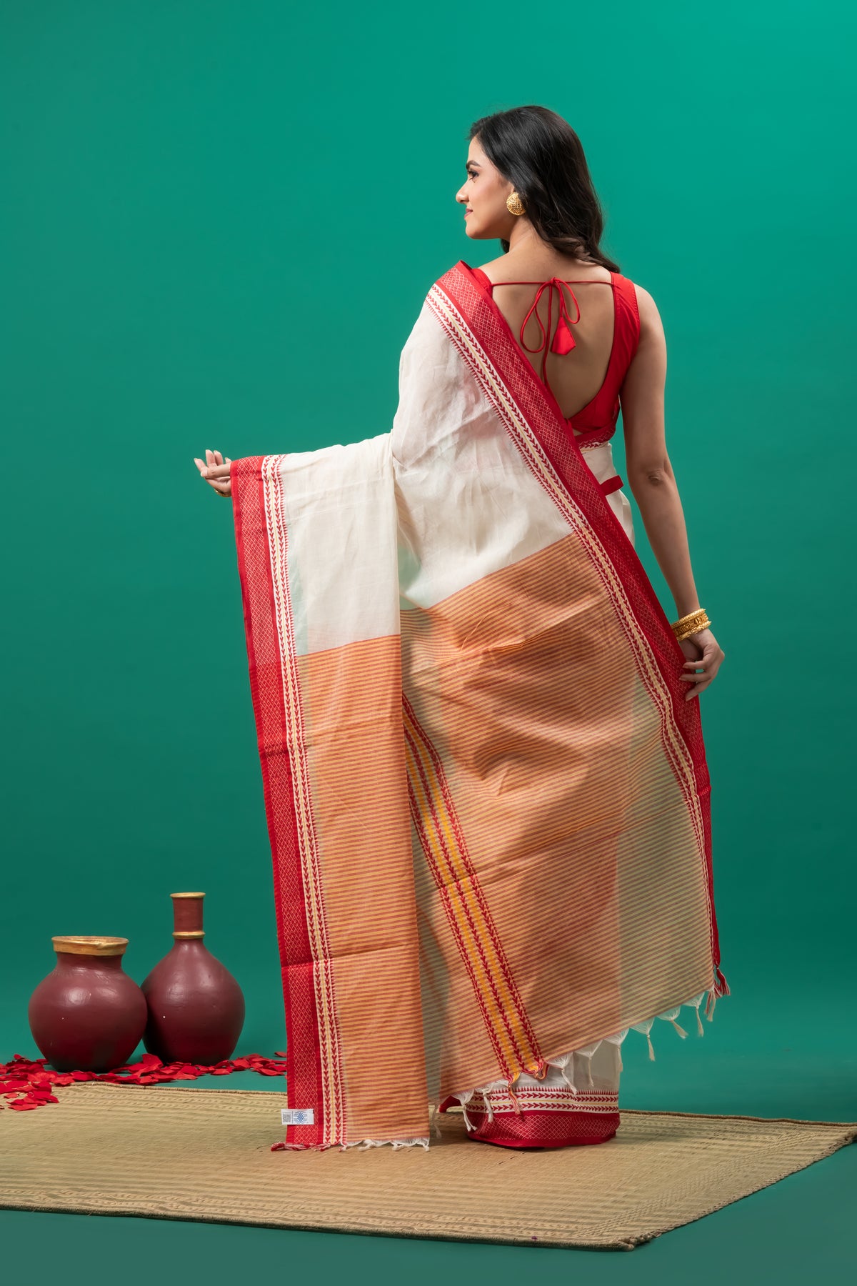 Off white with Red Border Pure Cotton Handwoven  Saree
