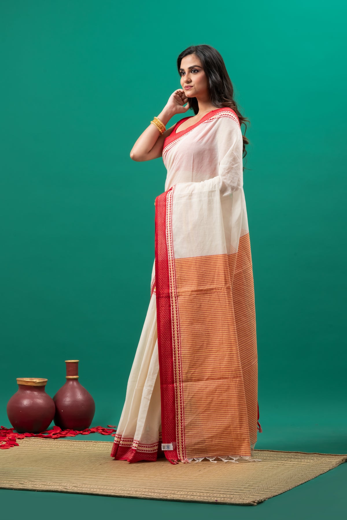 Off white with Red Border Pure Cotton Handwoven  Saree