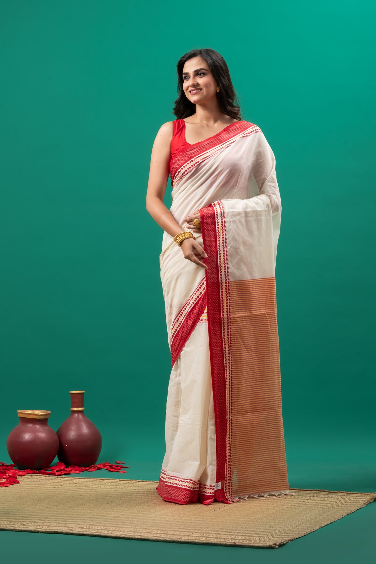 Off white with Red Border Pure Cotton Handwoven  Saree