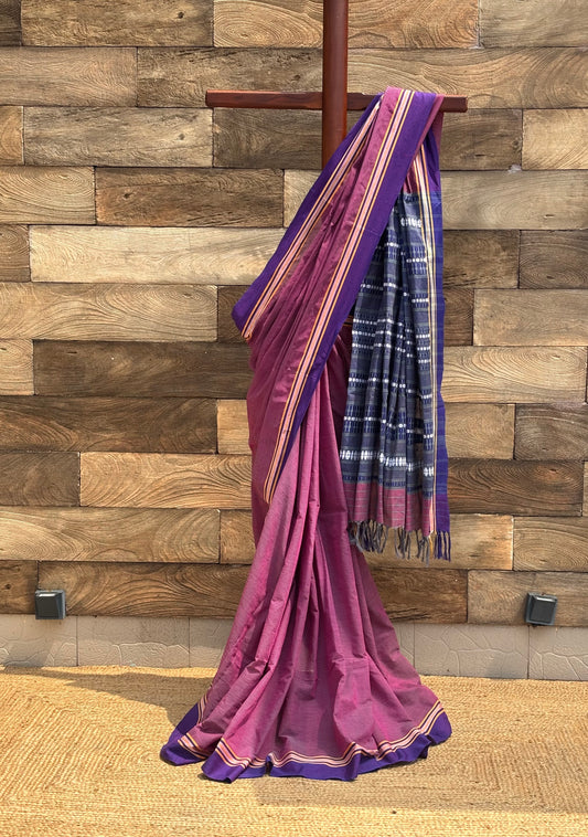 Purple horizontal check  Pure Cotton Handwoven Begumpuri Saree