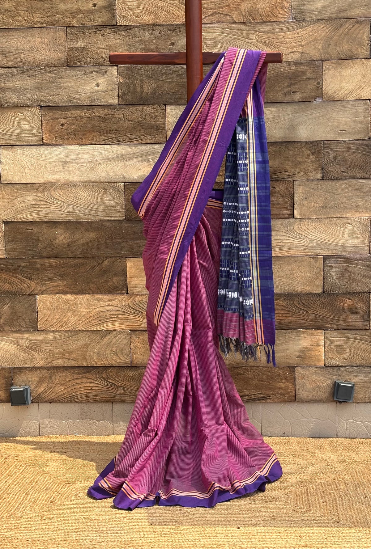 Purple horizontal check  Pure Cotton Handwoven Begumpuri Saree