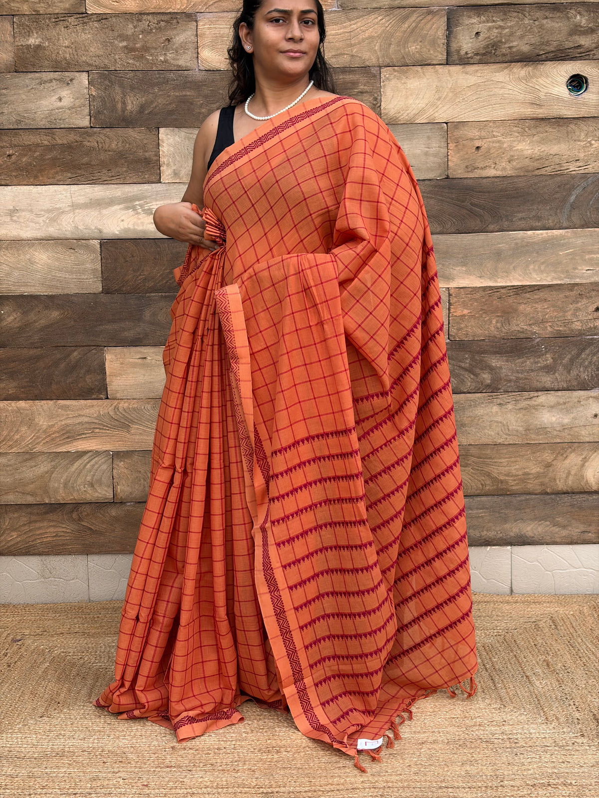 Pure Cotton orange check Begumpuri Handwoven Saree