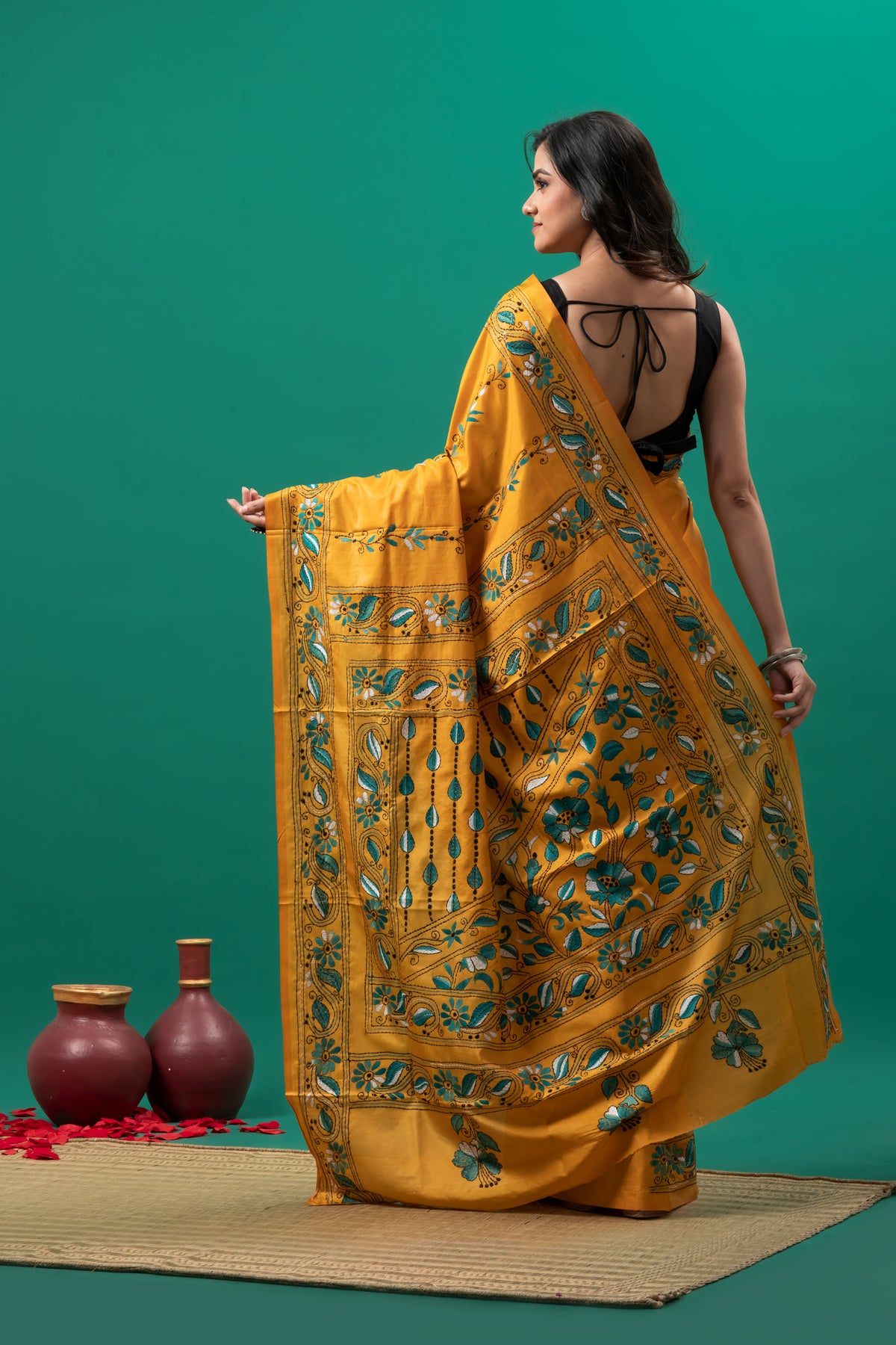 Yellow  Hand Kantha  work Saree on blended silk