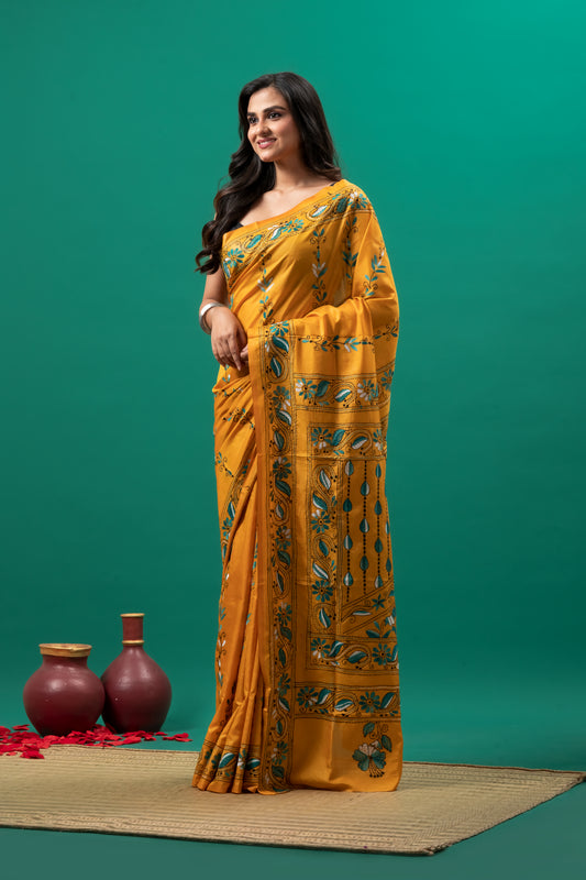Yellow Kantha Stitch Saree on Blended silk