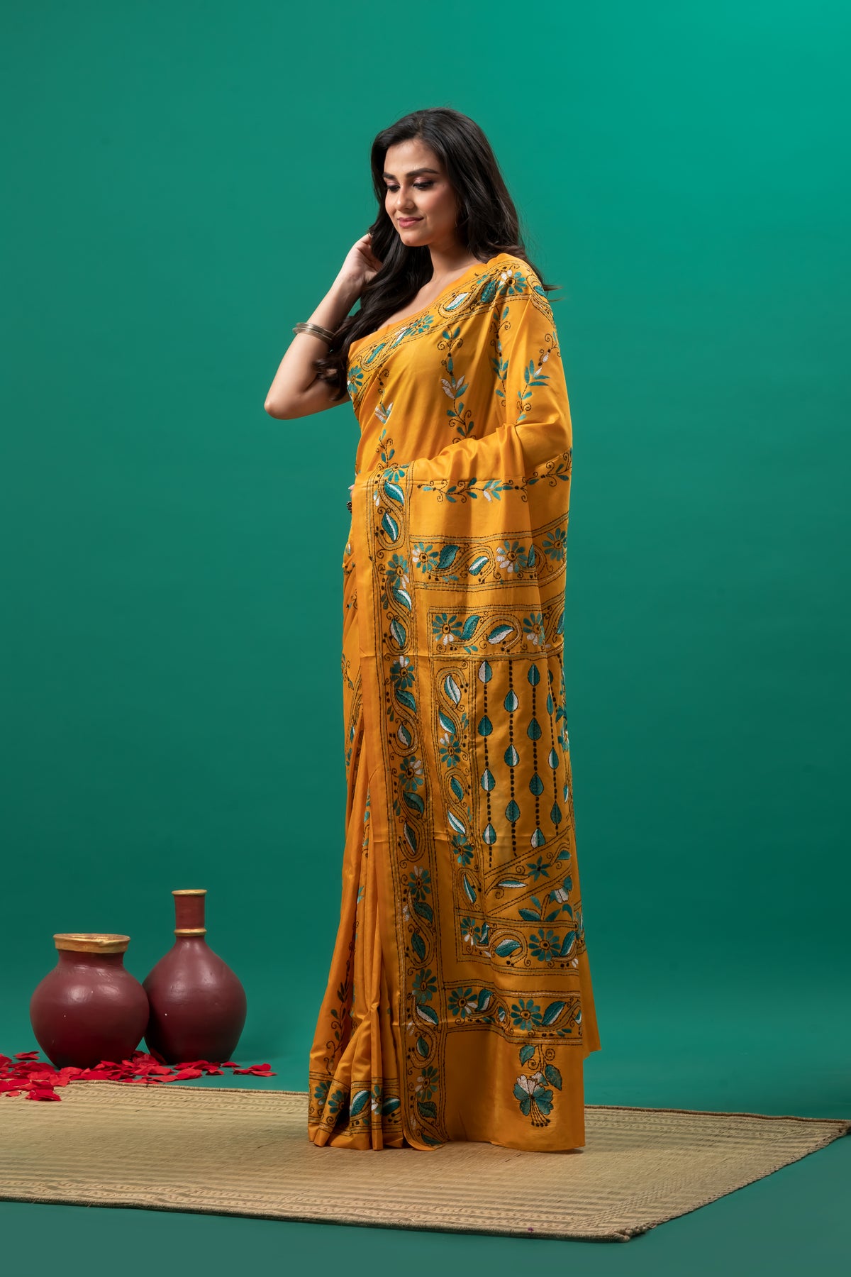 Yellow Kantha Stitch Saree on Blended silk