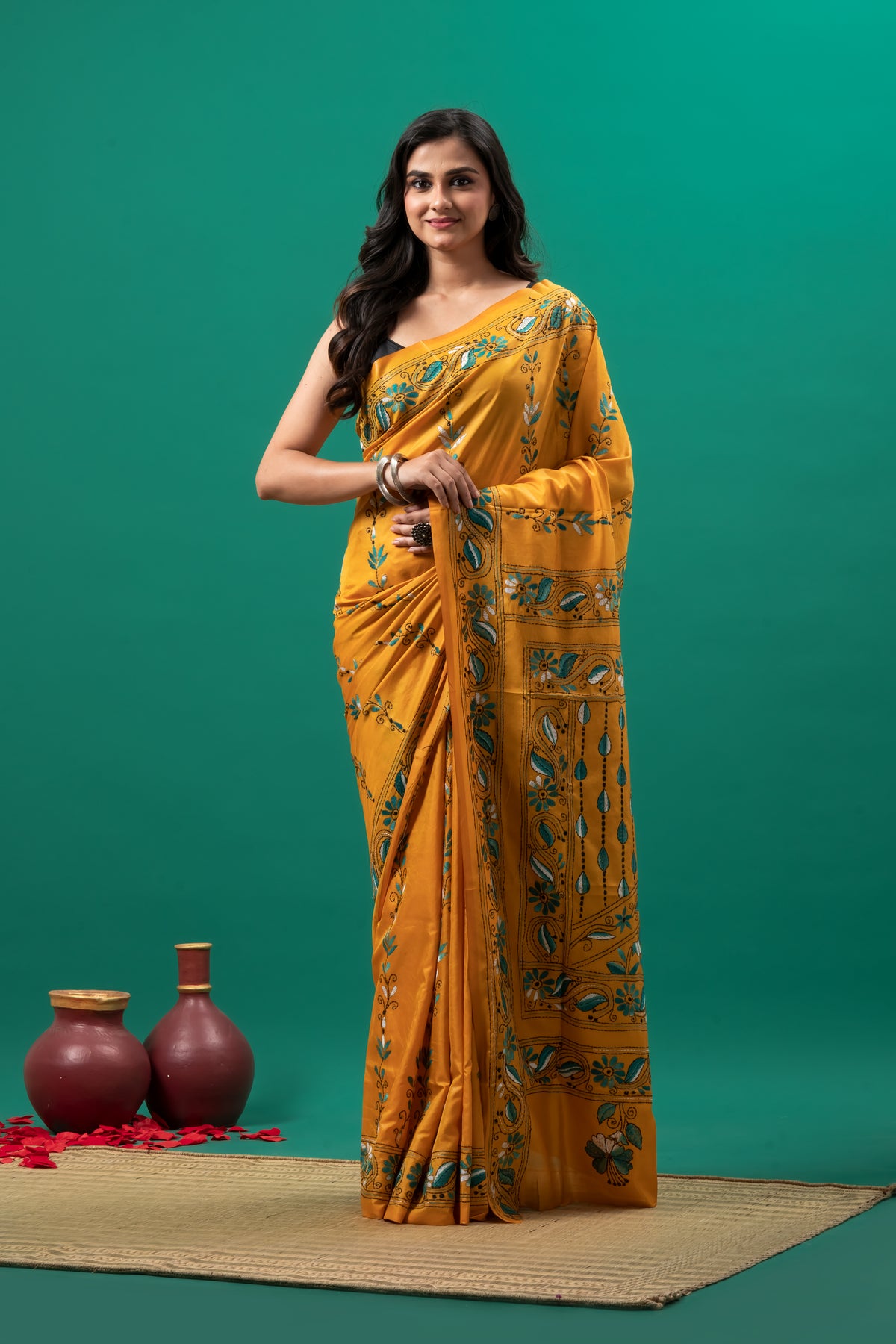 Yellow Kantha Stitch Saree on Blended silk
