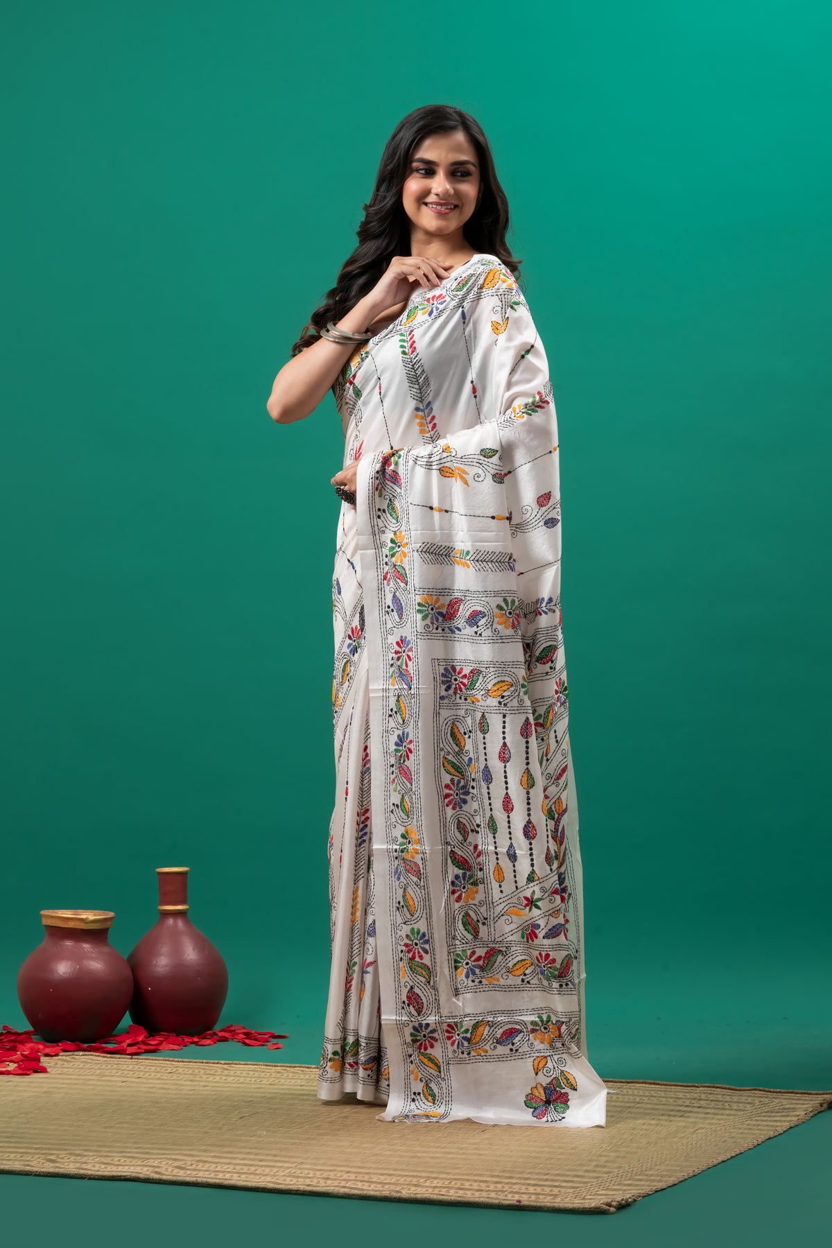 White Kantha stitch Saree on blended silk