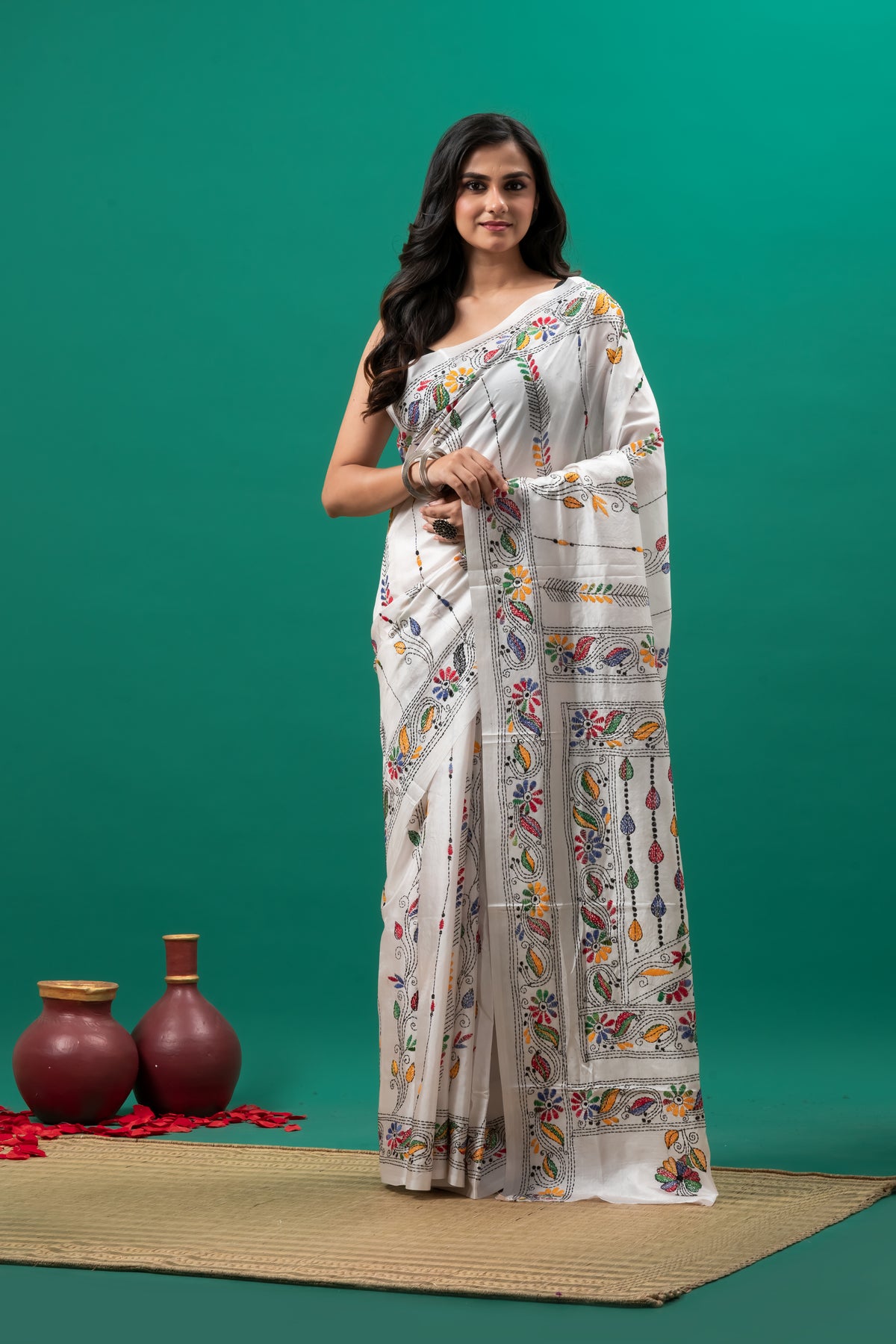 White Kantha stitch Saree on blended silk
