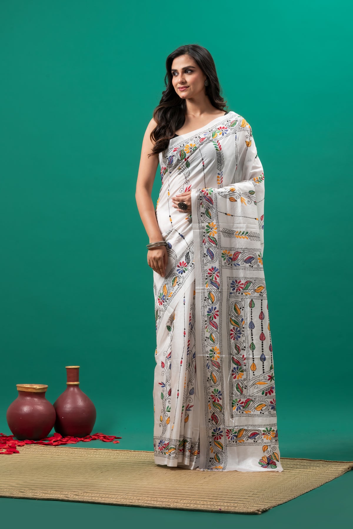 White Kantha stitch Saree on blended silk