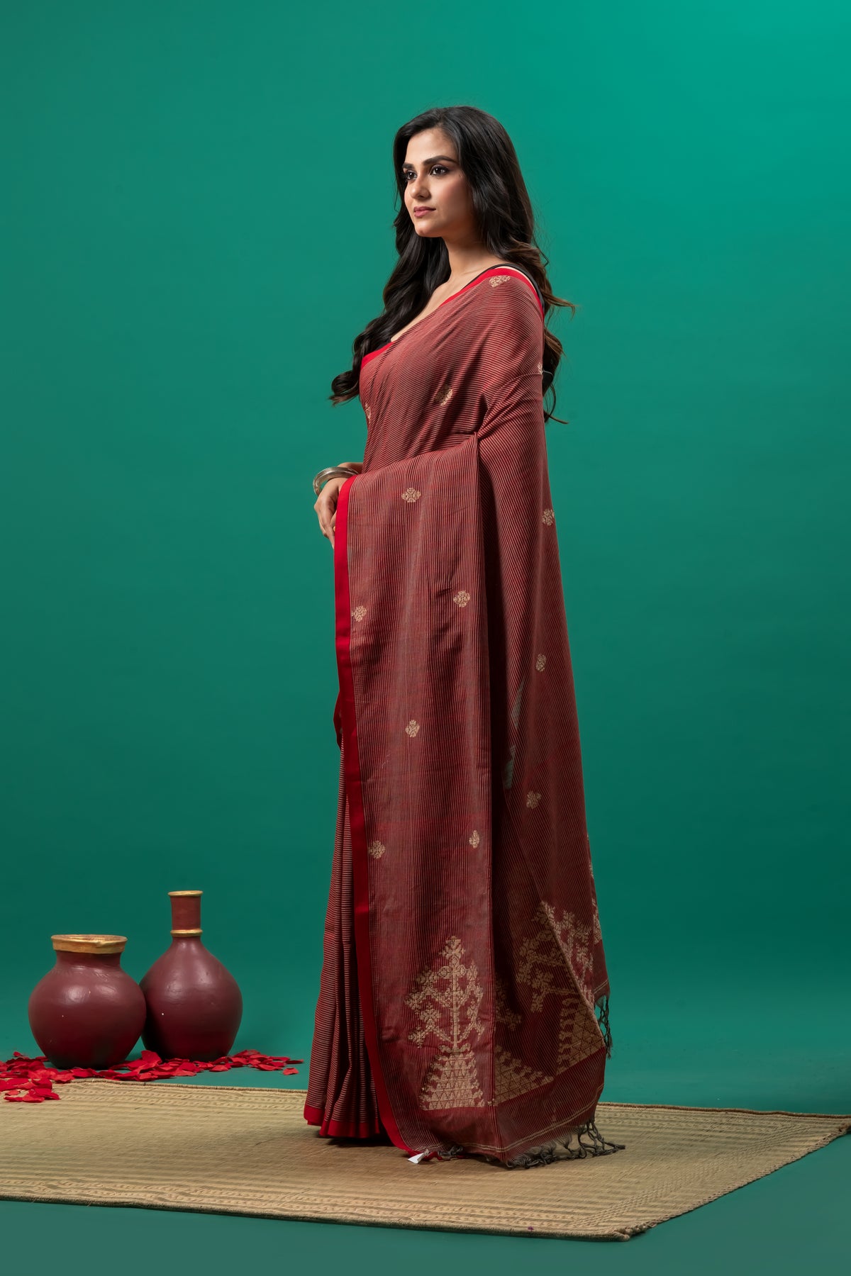 Red Stripe Pure Cotton Jamdani saree