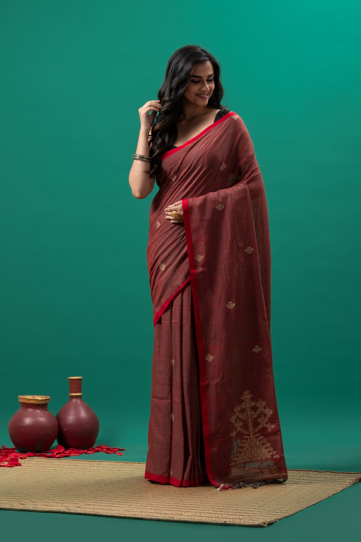Red Stripe Pure Cotton Jamdani saree