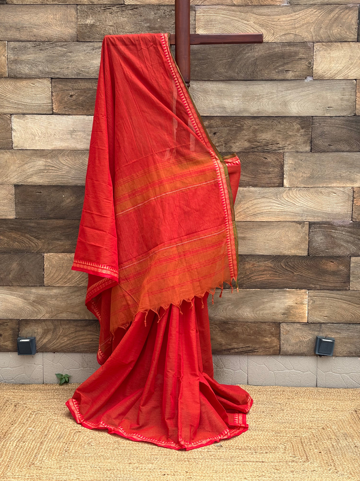 Saffron / Orange Pure Cotton Dhonekhali Saree