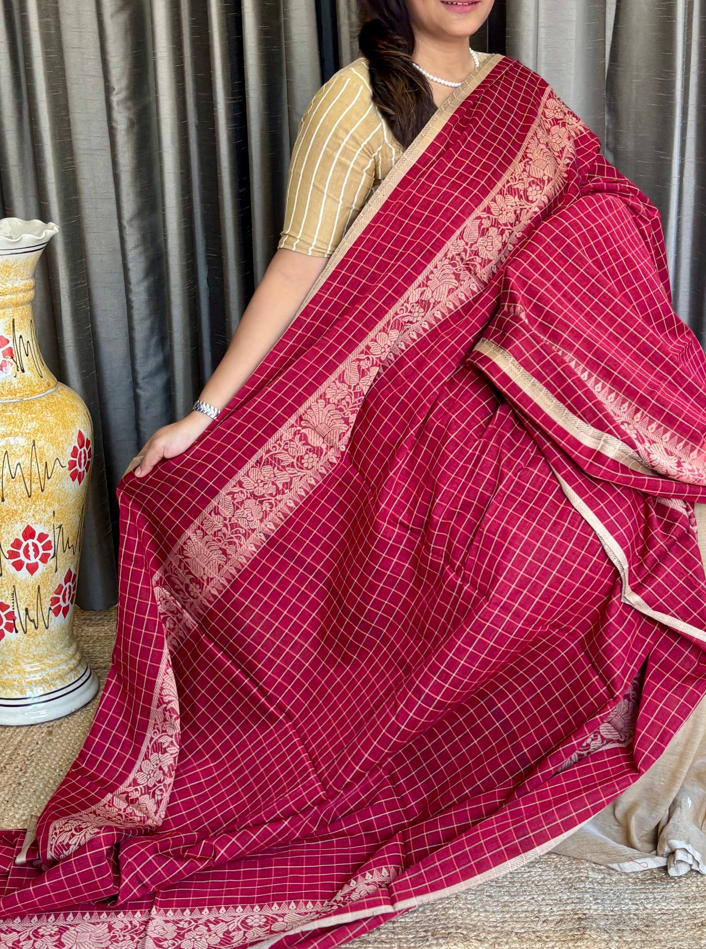 Red - Dhonekhali Cotton Saree