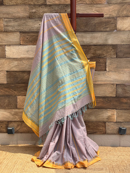 Light Mauve with Green Border Pure Cotton Handwoven Begumpuri Saree