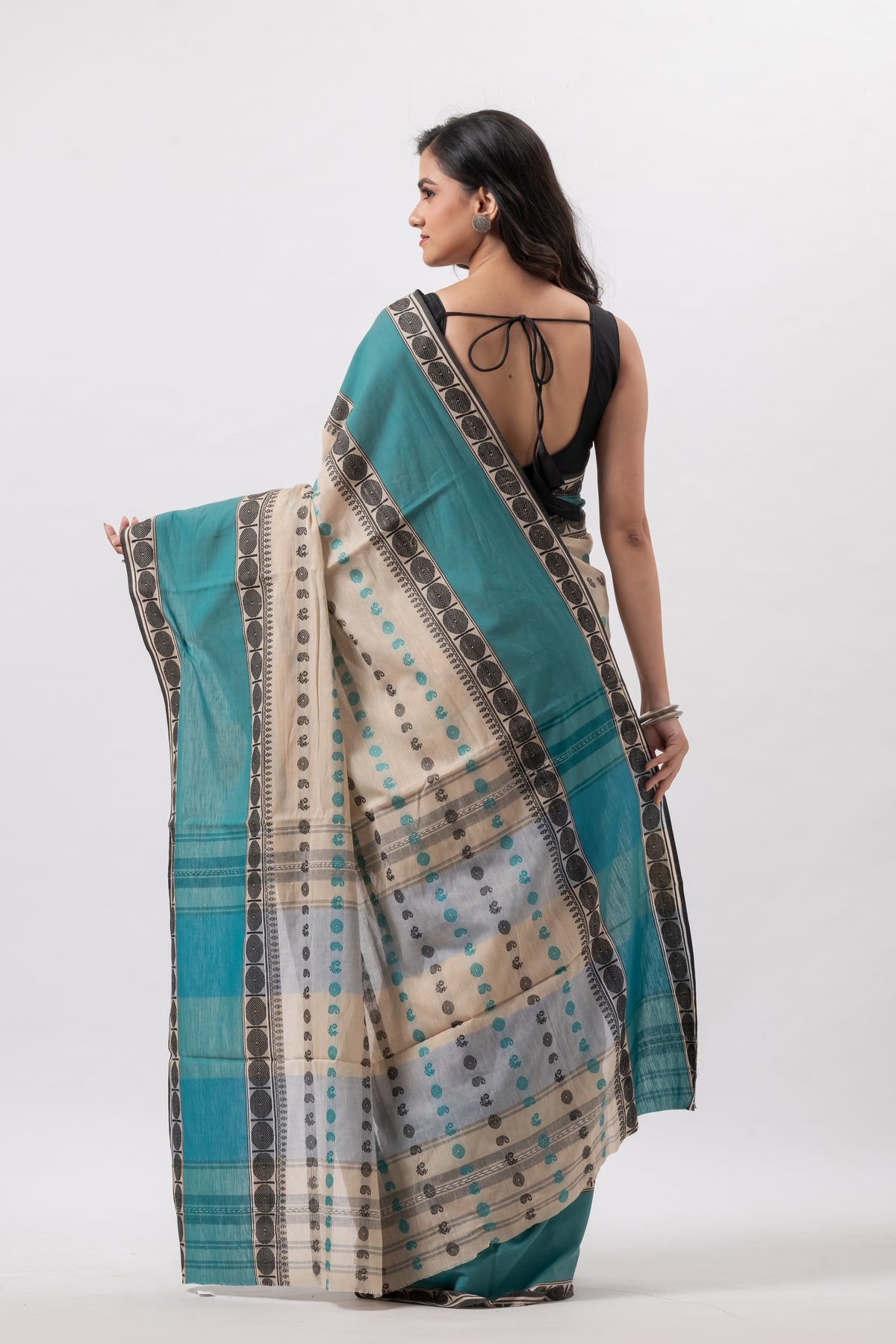 Beige with Green Mahapar Pure Cotton Saree