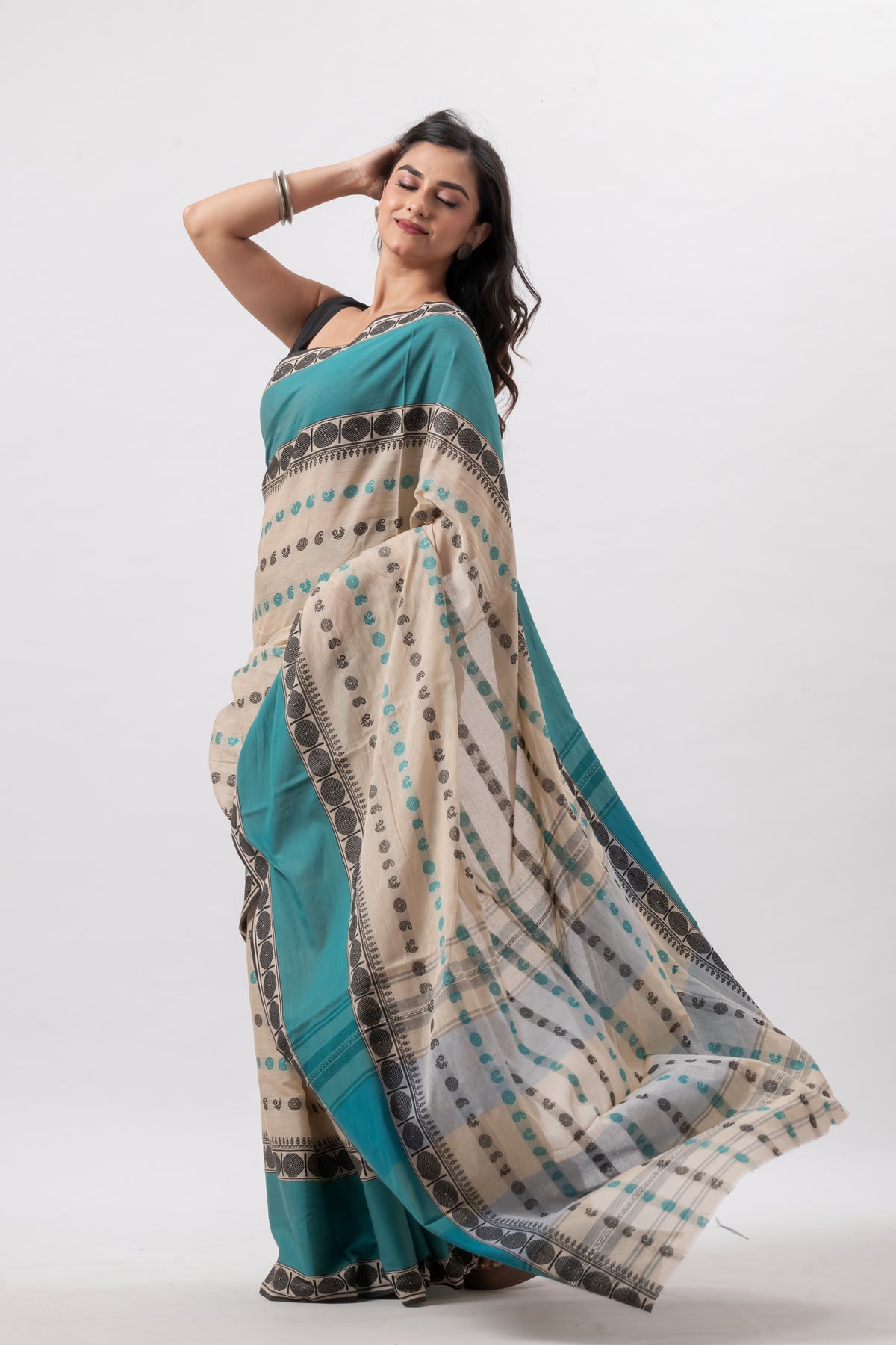 Beige with Green Mahapar Pure Cotton Saree