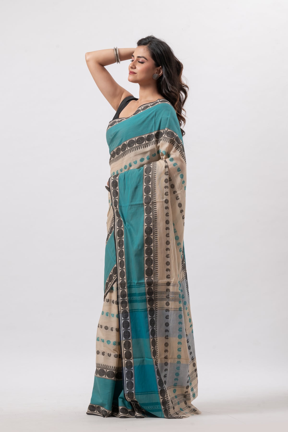 Beige with Green Mahapar Pure Cotton Saree