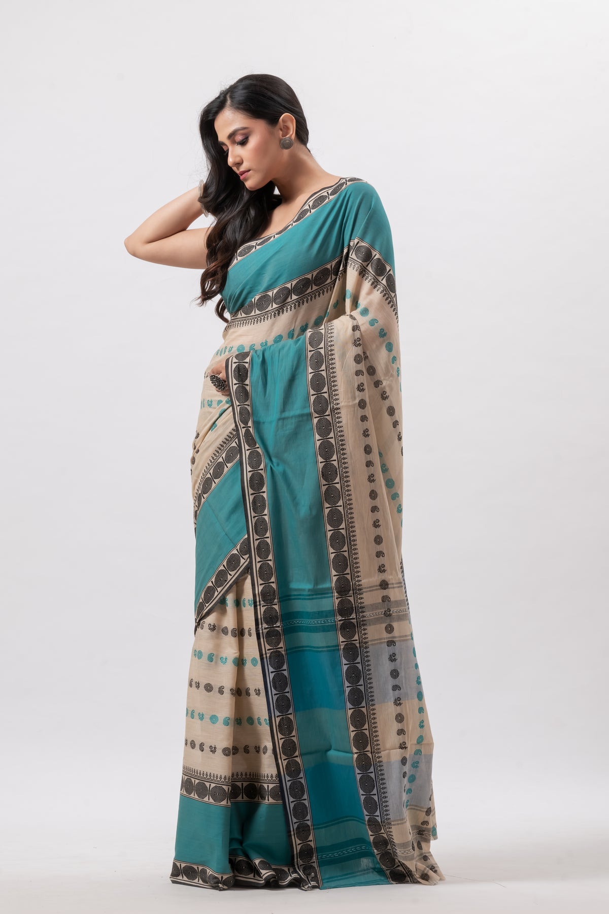 Beige with Green Mahapar Pure Cotton Saree