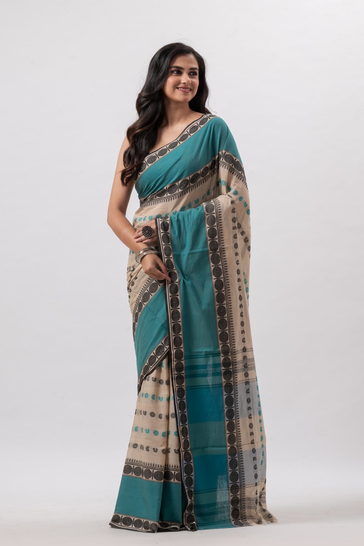 Beige with Green Mahapar Pure Cotton Saree