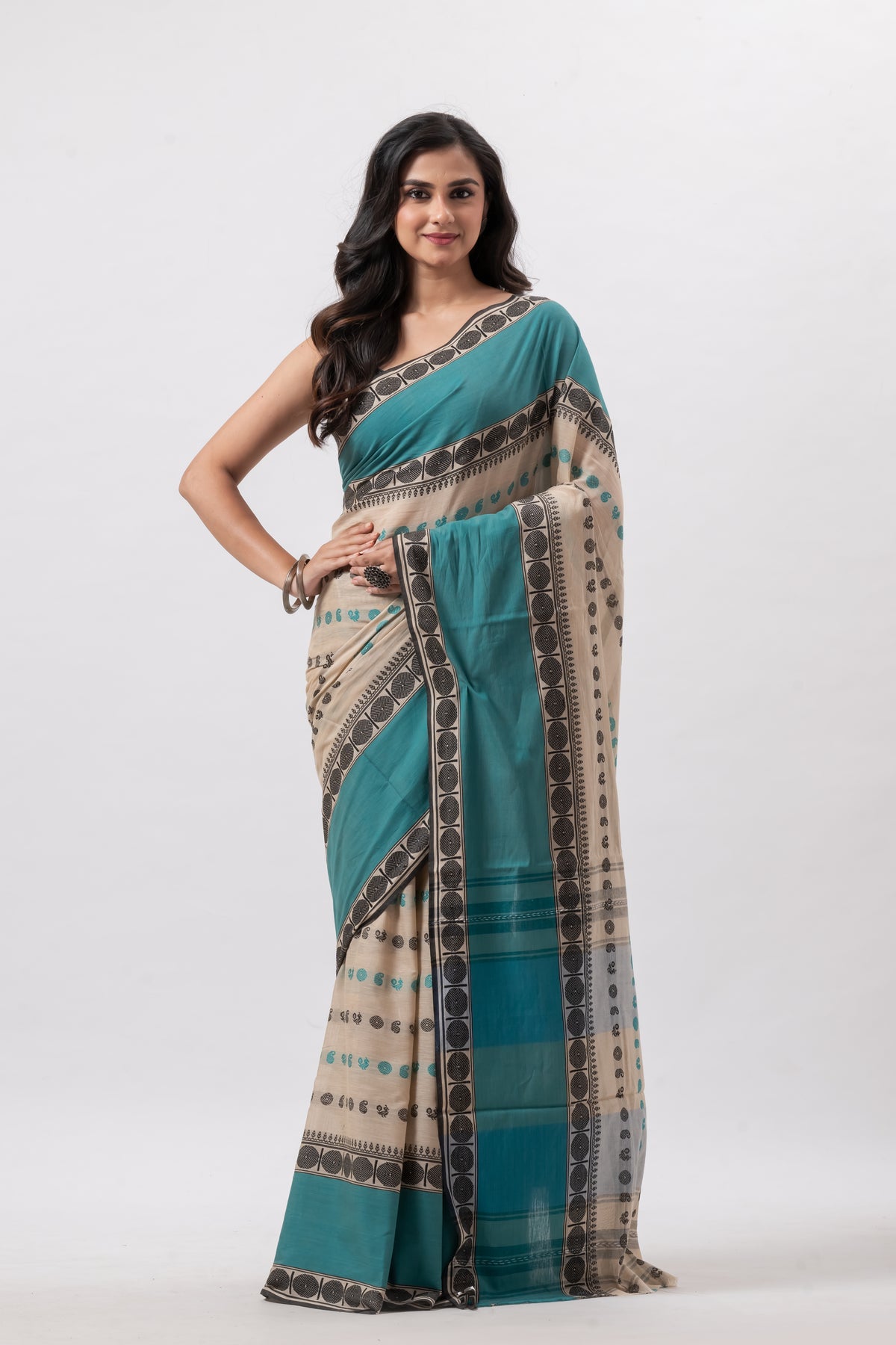 Beige with Green Mahapar Pure Cotton Saree