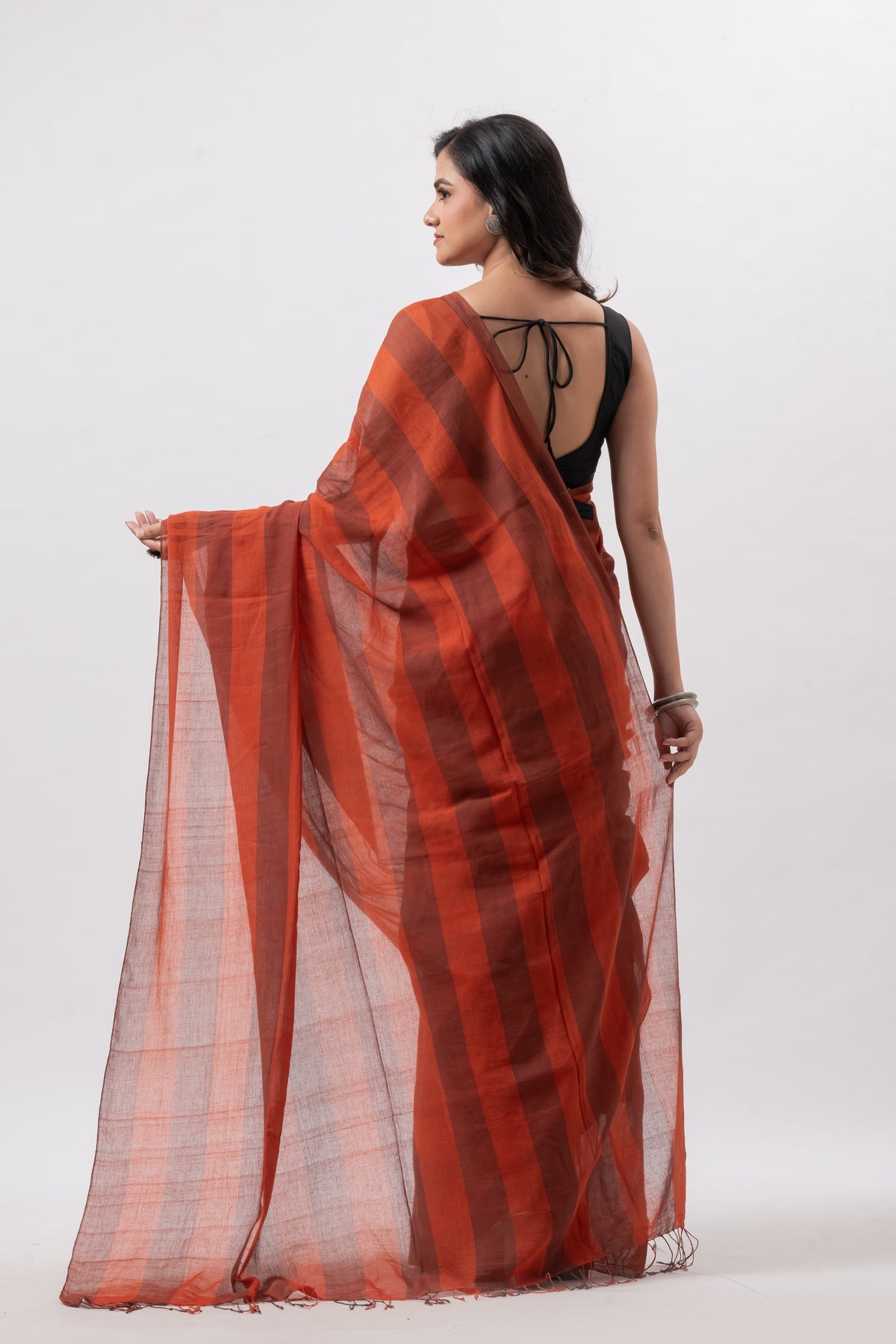 Soft Cotton Brick Red Chequered Handwoven  Saree