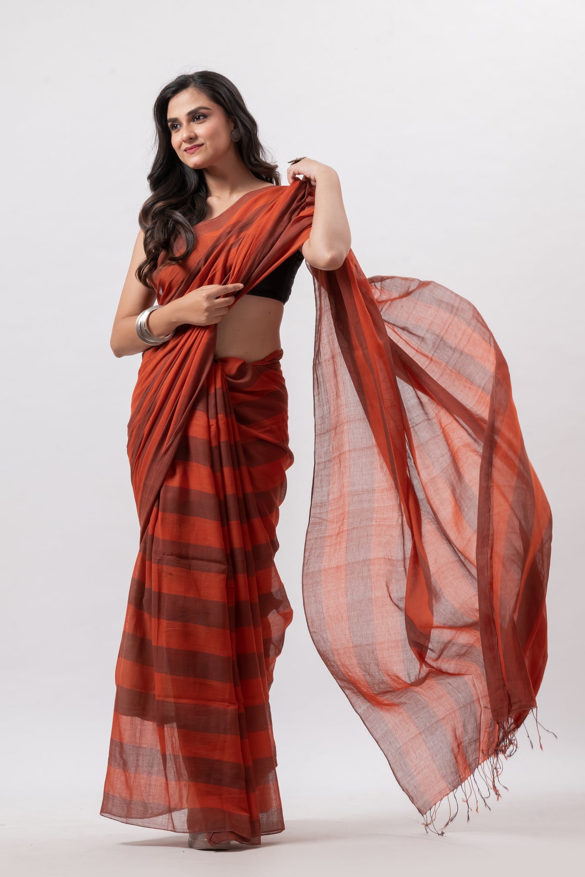 Soft Cotton Brick Red Chequered Handwoven  Saree