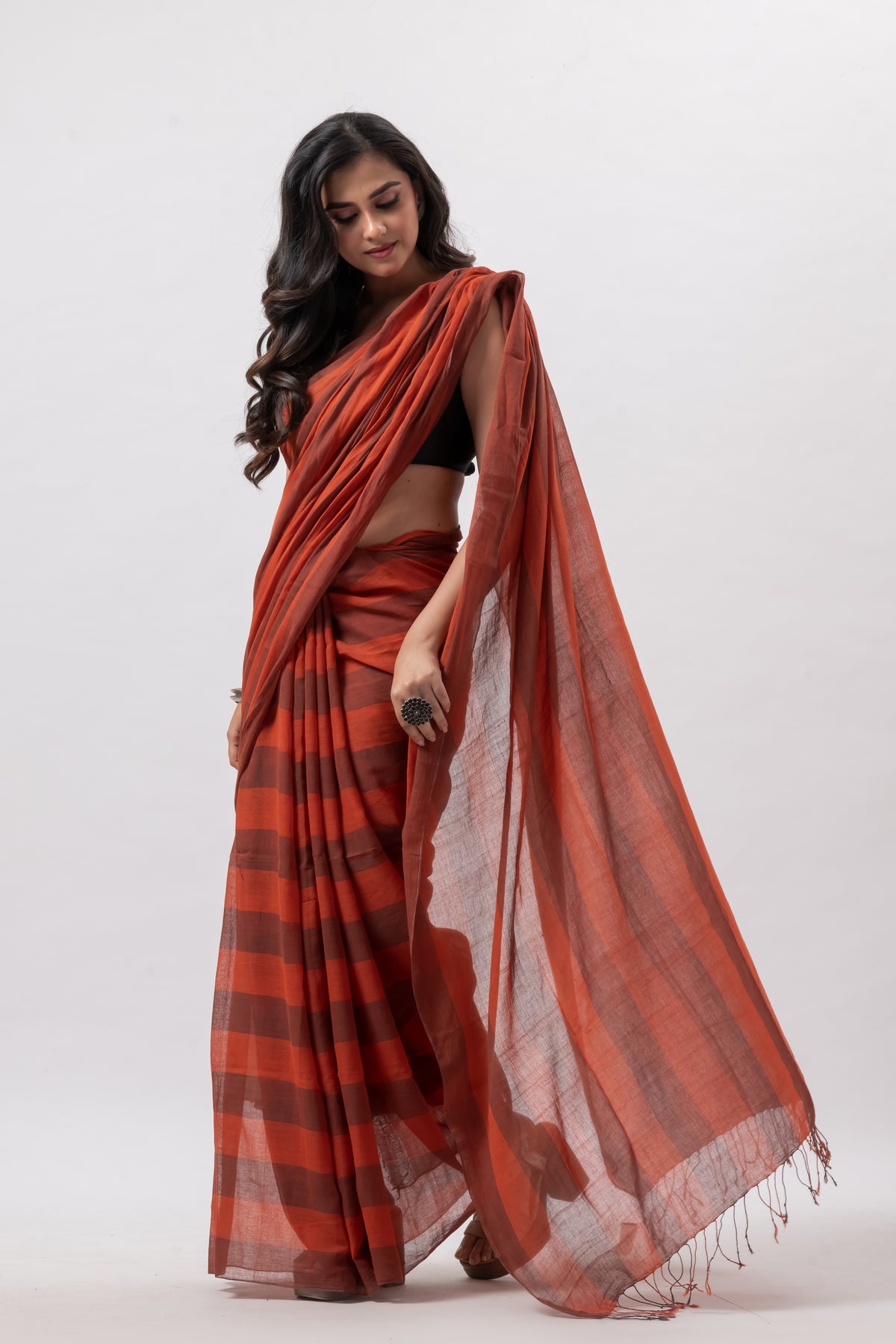 Soft Cotton Brick Red Chequered Handwoven  Saree