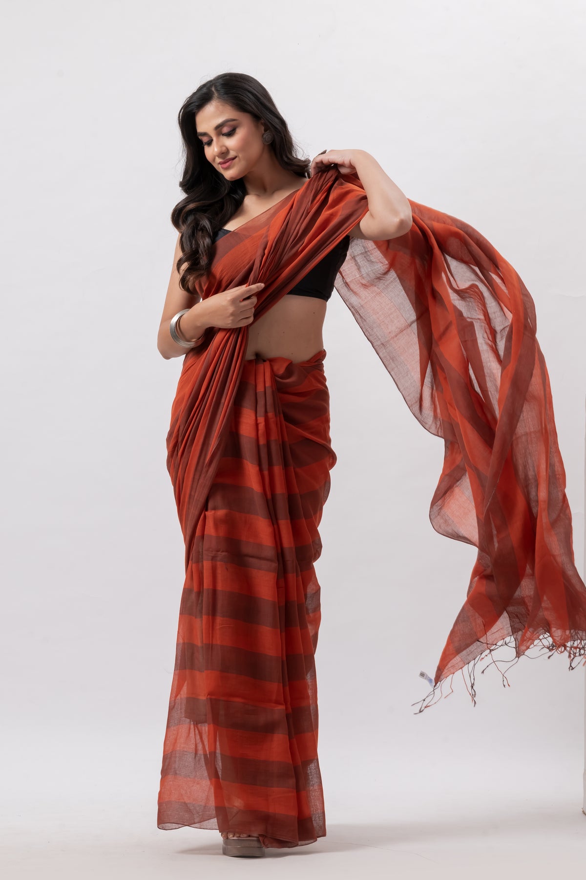 Soft Cotton Brick Red Chequered Handwoven  Saree