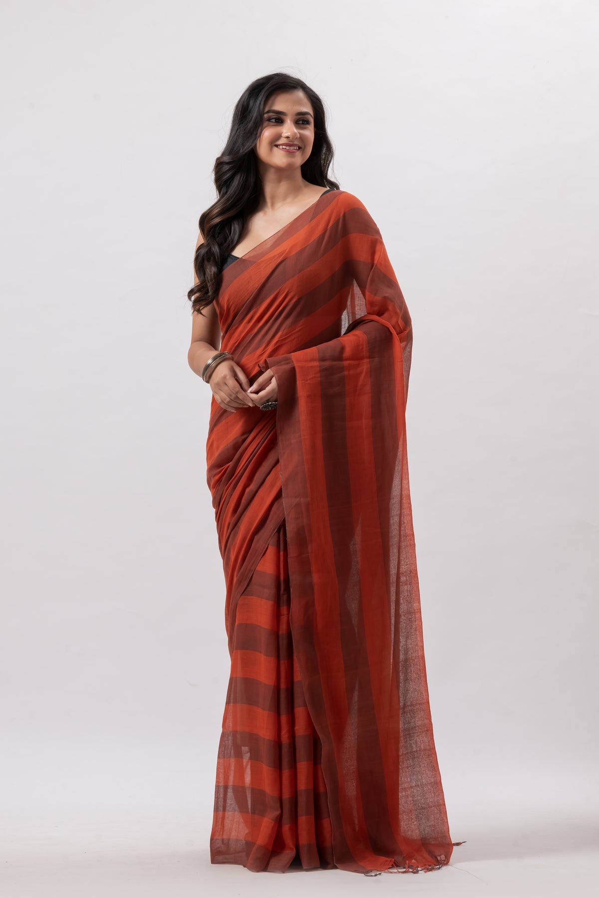 Soft Cotton Brick Red Chequered Handwoven  Saree