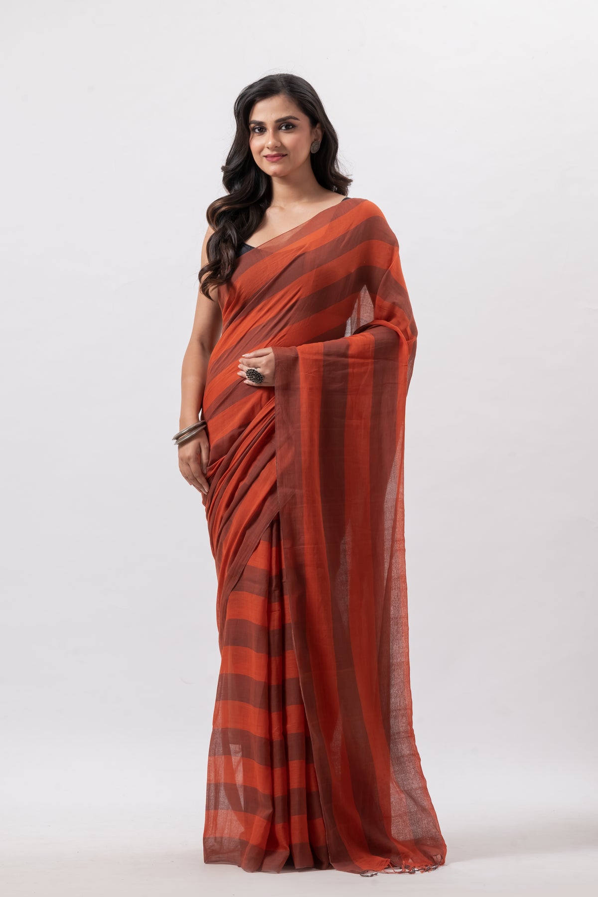 Soft Cotton Brick Red Chequered Handwoven  Saree